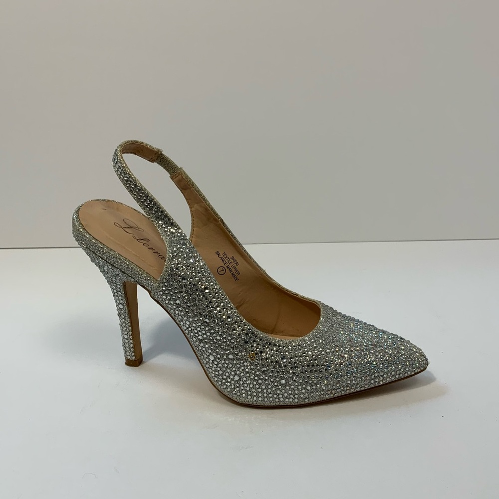 L Lorraine Silver Wedding  Pumps High Heels Sz 7 Slip On Pointy Toe Formal Shoes